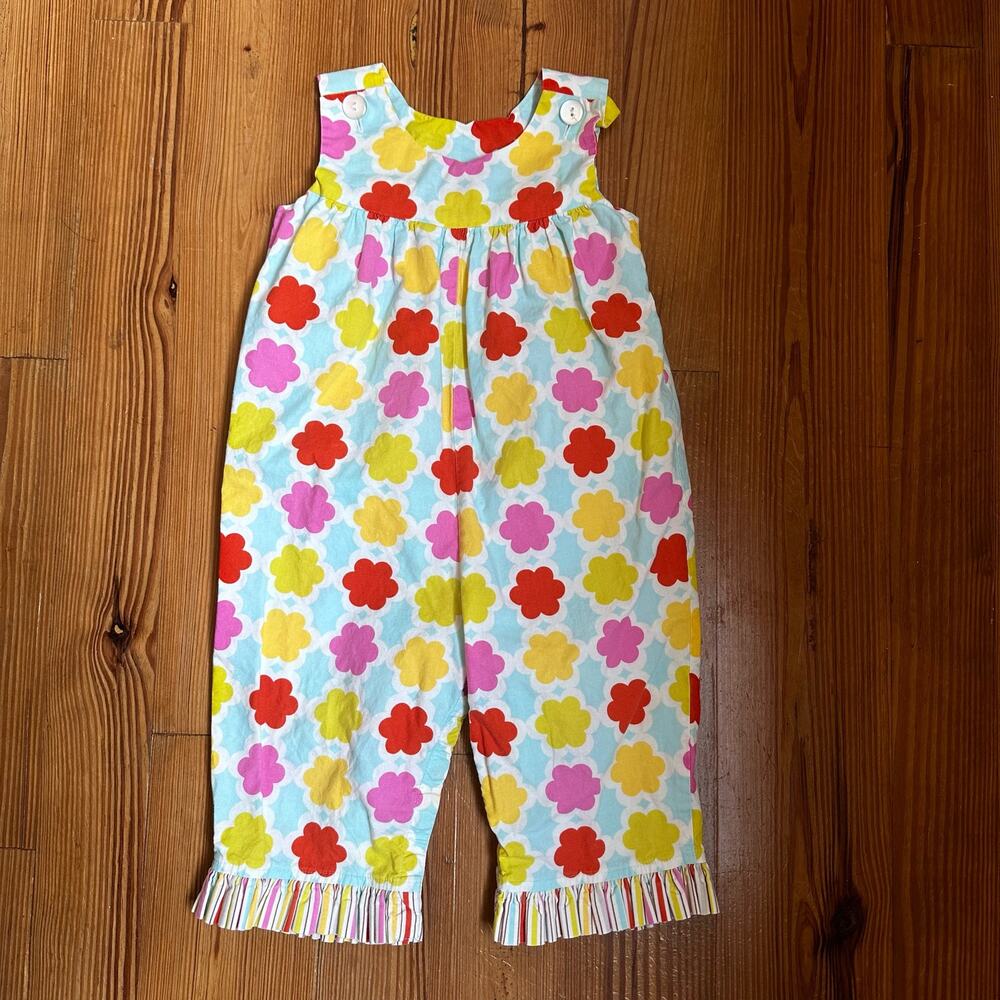 Girls Floral Ruffle Hem One-Piece Romper - White with Multi-Color Flowers